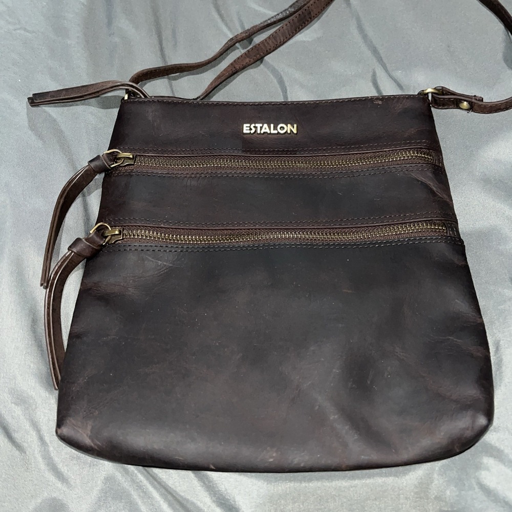 Estalon Crossbody Purse Bag Brown GenuineLeather Multi-Pocket Boho Chic Minimal.